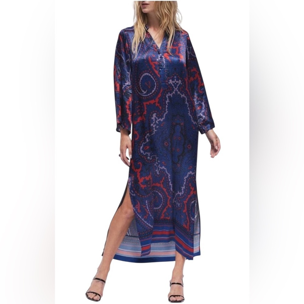 Nwot Hermoza Antoinette midnight Blue & red scarf collared midi dress size xs